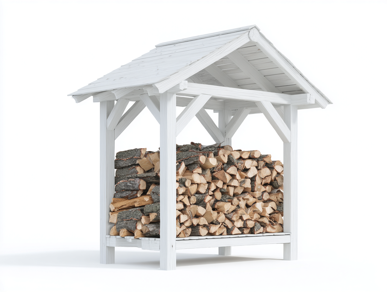 Leñero de exterior de madera 145x80x175 cm - blanco - con estructura elevada para jardín-Hasoljahome