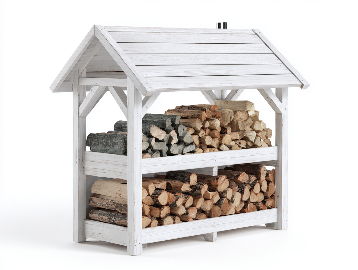 Leñero de exterior de madera 120x65x160 cm - blanco - con doble nivel para jardín-Hasoljahome