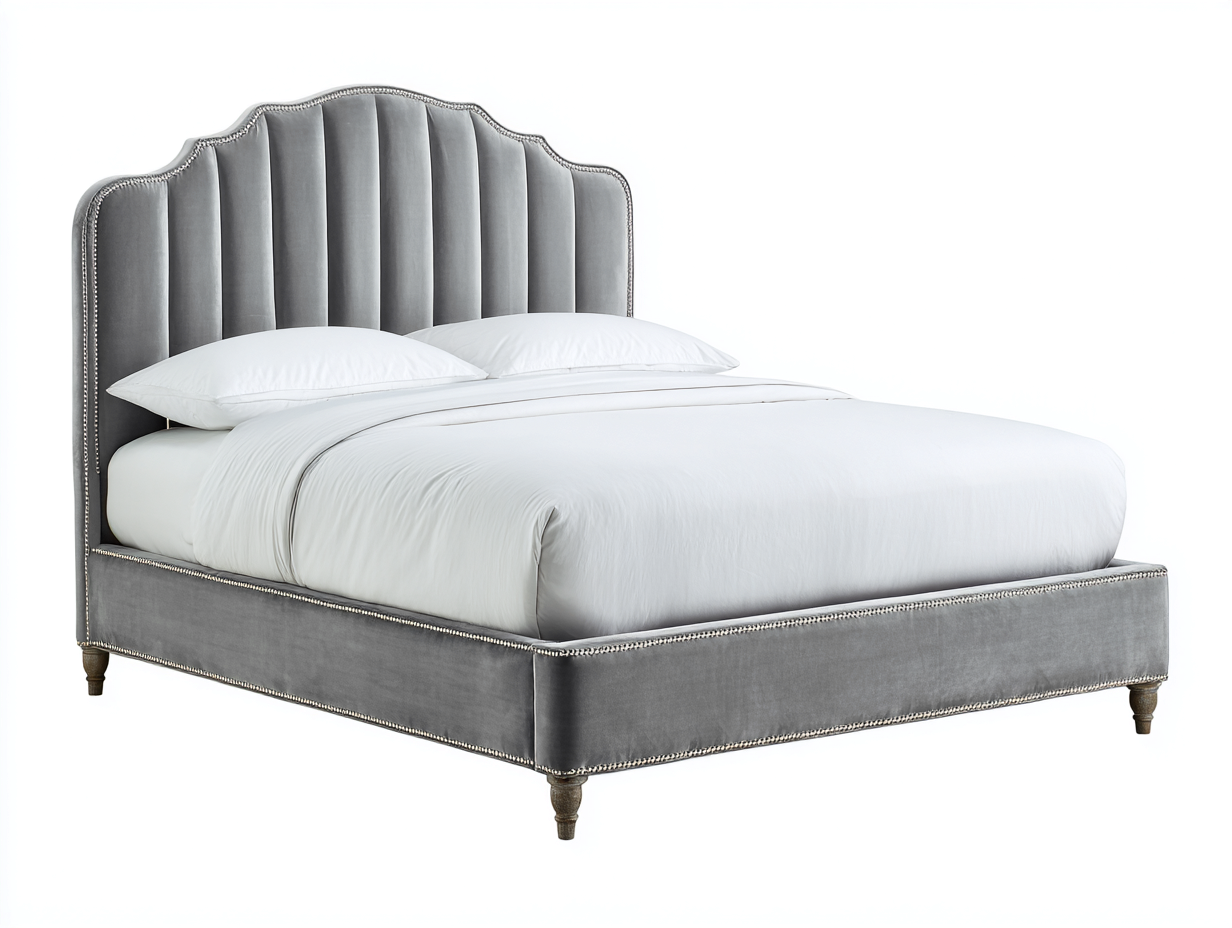 Camas dobles tapizada 218x174x128 cm - terciopelo gris y patas de madera - estilo clásico para dormitorio-Hasoljahome
