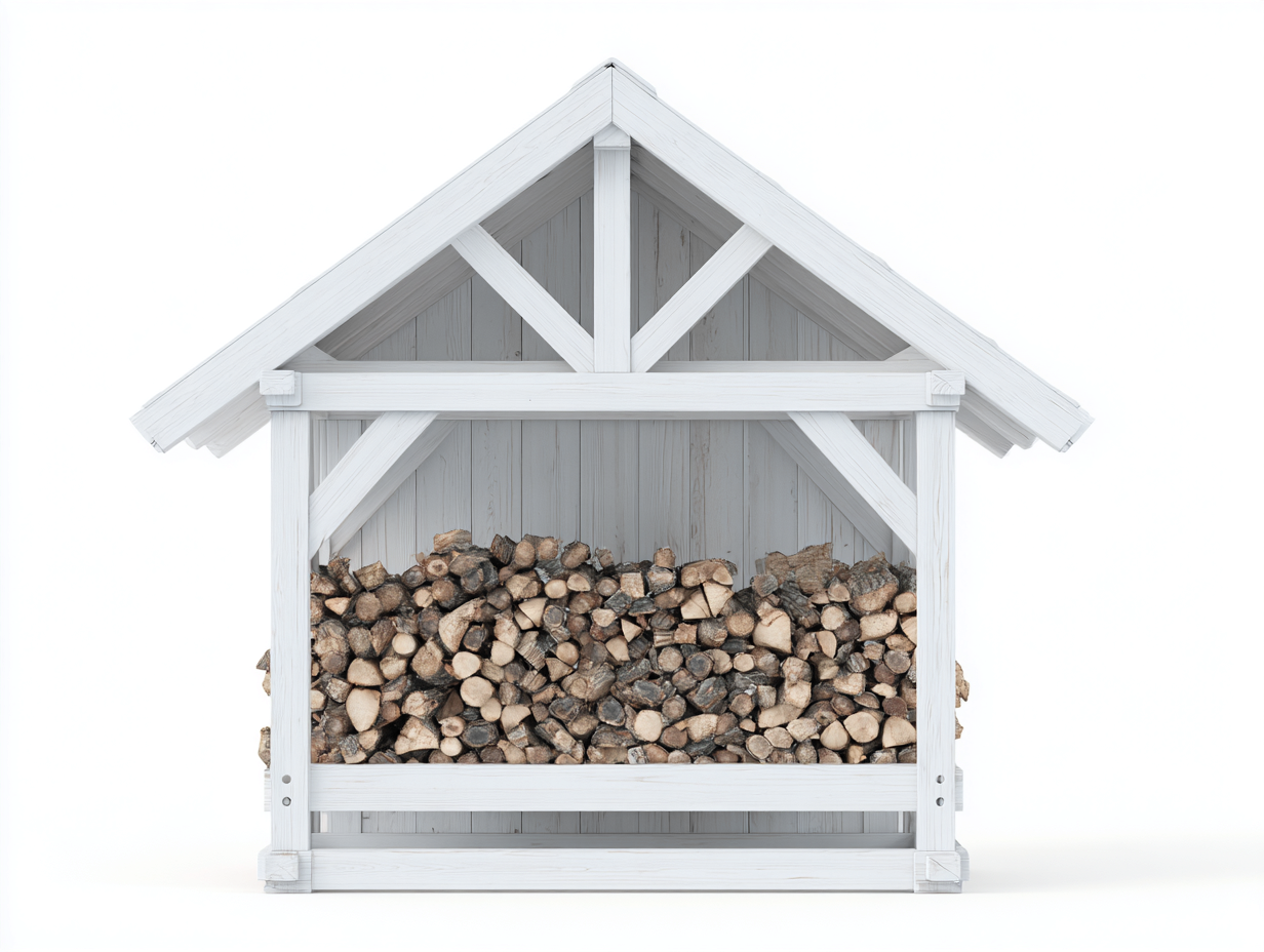 Leñero de exterior 190x95x205 cm - madera blanca con techo inclinado - diseño rústico para jardín-Hasoljahome
