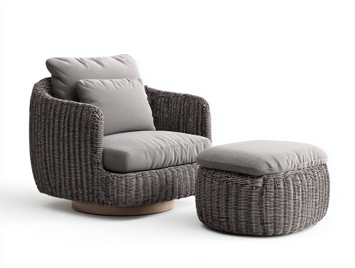 Sillones de ratán de exterior con reposapiés redondo 98x90x86 cm - gris-madera natural - diseño moderno para jardín-Hasoljahome