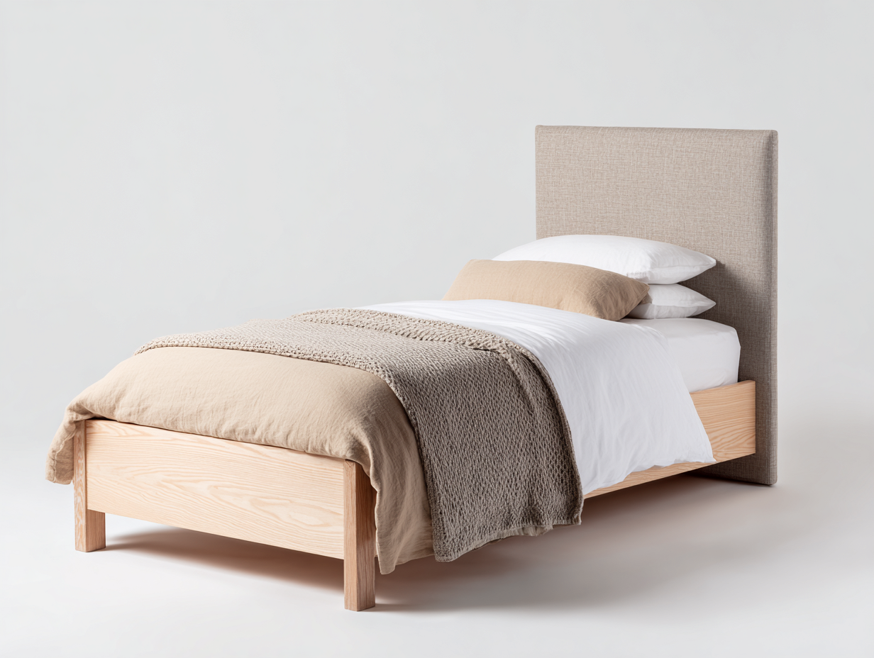 Camas individuales de madera natural y tela beige 200x90x98 cm para dormitorio - diseño moderno con cabecero tapizado-Hasoljahome