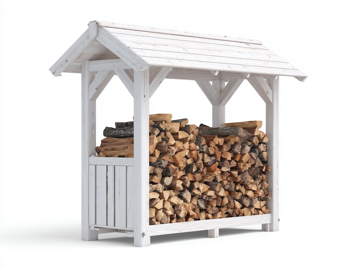 Leñero de exterior 210x105x205 cm - madera blanca con techo inclinado - diseño rústico para jardín-Hasoljahome