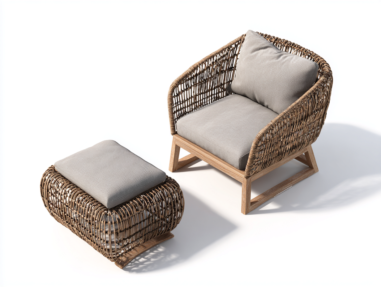 Sillones de ratán 92x86x82 cm - ratán marrón con reposapiés y cojines grises - diseño natural para jardín-Hasoljahome