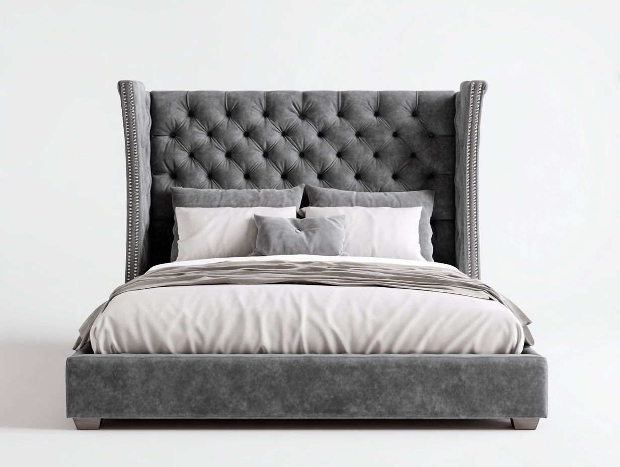 Camas dobles tapizada en terciopelo 218x172x138 cm - gris oscuro - diseño capitoné para dormitorio-Hasoljahome