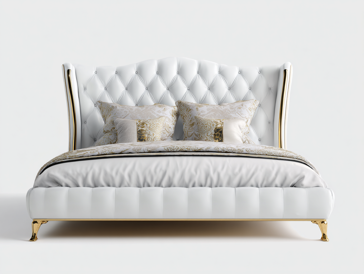 Camas dobles tapizada en cuero sintético 220x175x140 cm - blanco-dorado - diseño capitoné para dormitorio-Hasoljahome