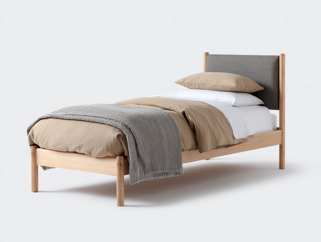 Camas individuales de madera y tela 201x97x96 cm - madera natural-gris - diseño nórdico para dormitorio-Hasoljahome