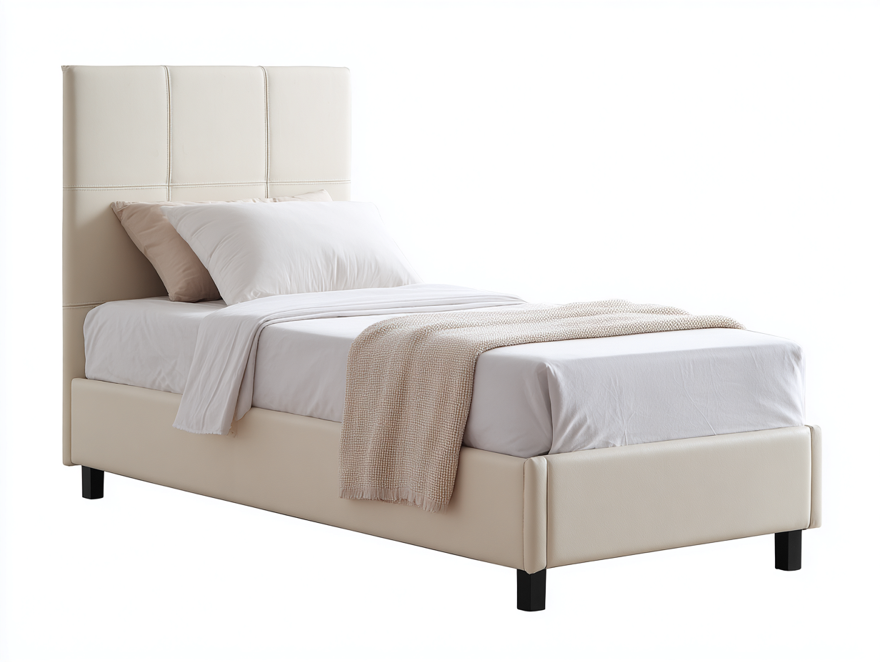 Camas individuales tapizada 205x105x118 cm - polipiel beige y patas negras - diseño moderno para dormitorio-Hasoljahome