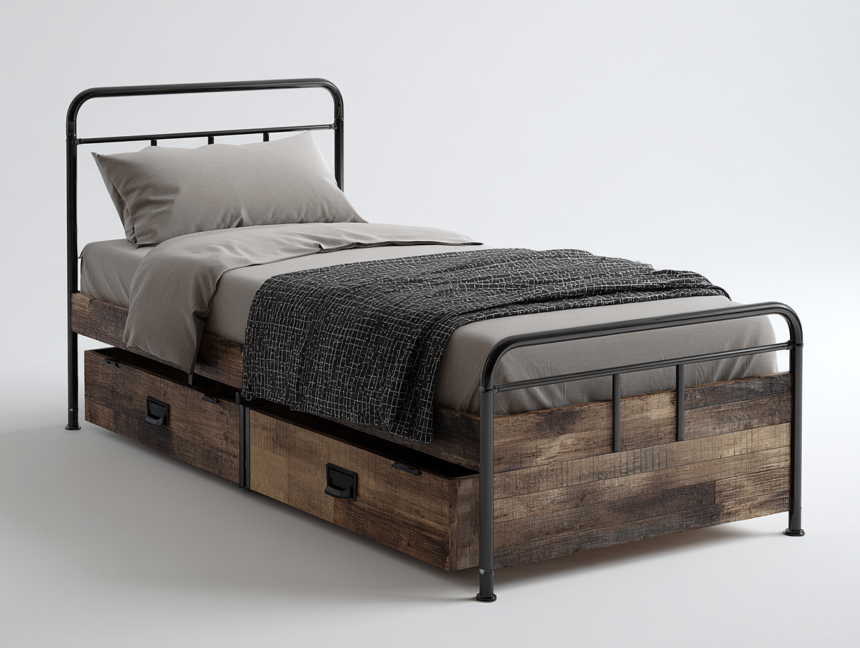 Camas individuales de metal y madera 205x98x105 cm - negro-marrón rústico - con 2 cajones y estilo industrial para dormitorio-Hasoljahome