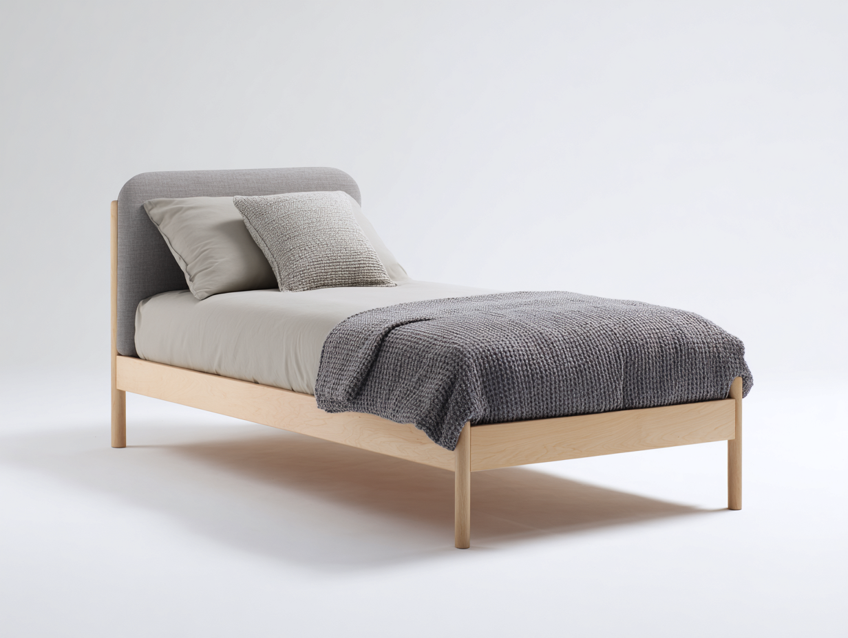 Camas individuales 200x90x90 cm - madera beige y cabecero tapizado gris - diseño nórdico para dormitorio-Hasoljahome
