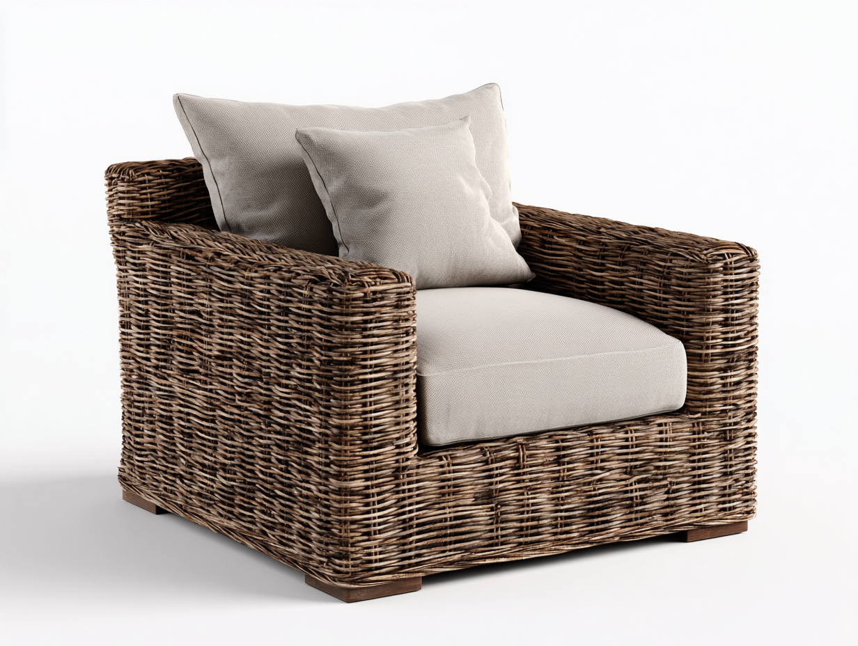 Sillones de ratán 95x85x82 cm - ratán marrón con tapizado beige - diseño natural para salón-Hasoljahome