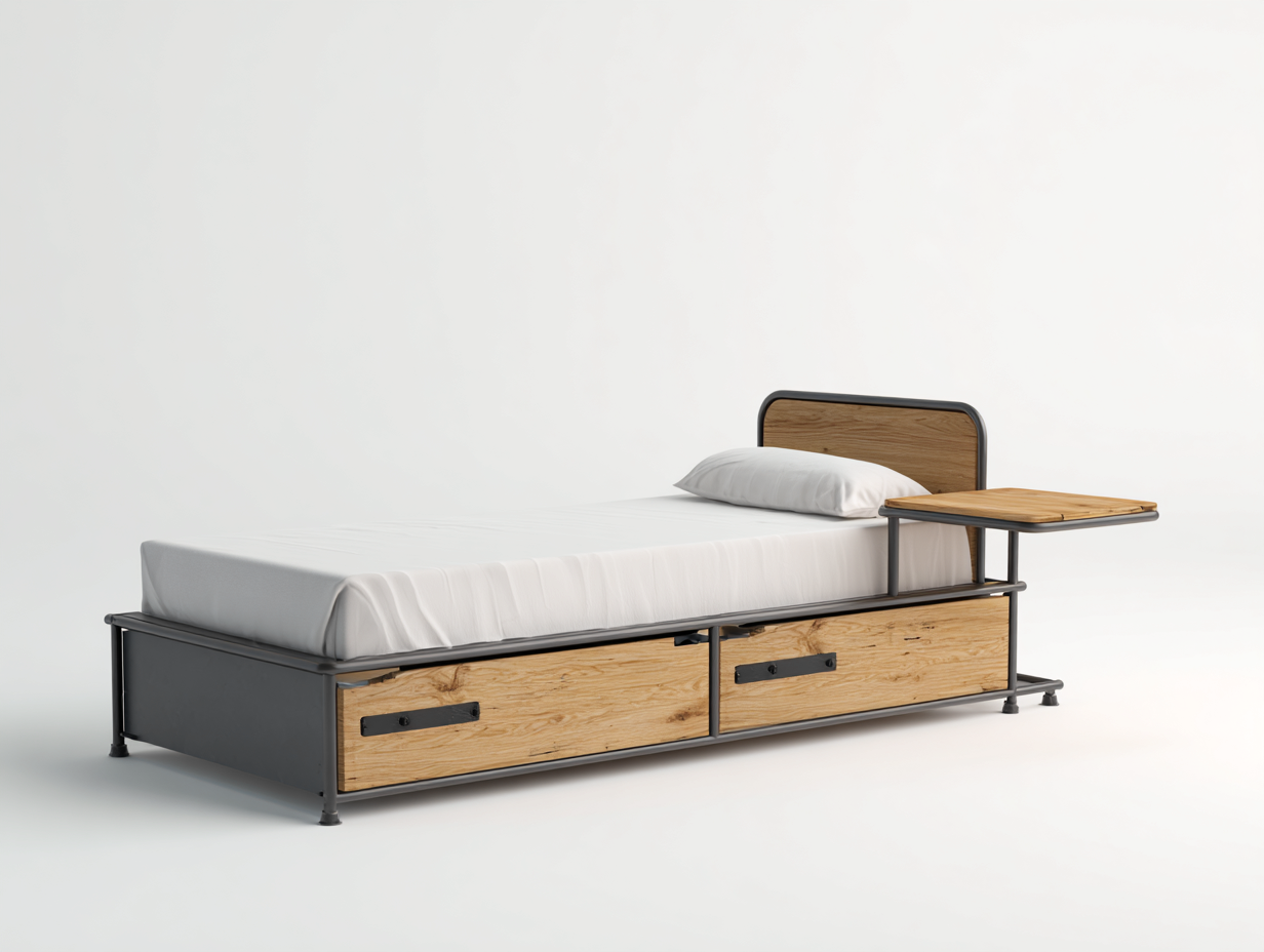 Camas individuales 200x90x88 cm - madera marrón y estructura metálica negra - diseño funcional con cajones para dormitorio-Hasoljahome