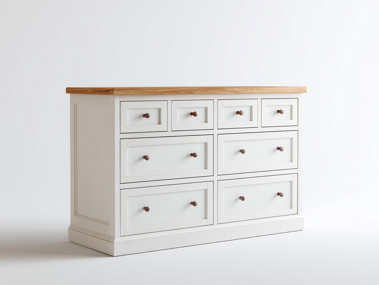 Cómodas de madera 120x45x82 cm - blanco-roble claro - con 8 cajones y estilo rústico para dormitorio-Hasoljahome