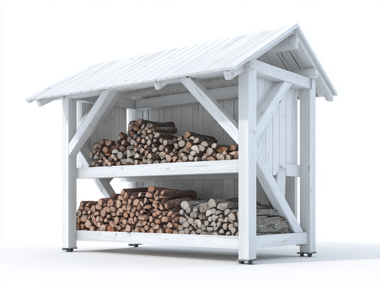 Leñero de exterior 240x110x215 cm - madera blanca con techo inclinado - diseño rústico para jardín-Hasoljahome