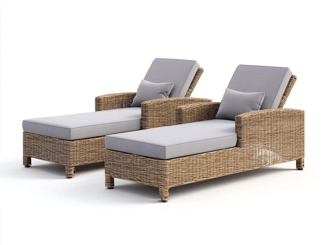 Tumbonas de ratán 195x76x86 cm - natural y gris claro - conjunto reclinable para jardín-Laviagahome