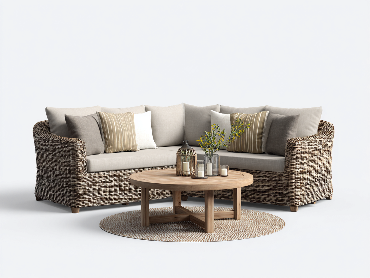 Sofás de exterior de ratán 260x210x80 cm con mesa 90x90x45 cm - marrón-beige - diseño esquinero para jardín-Laviagahome
