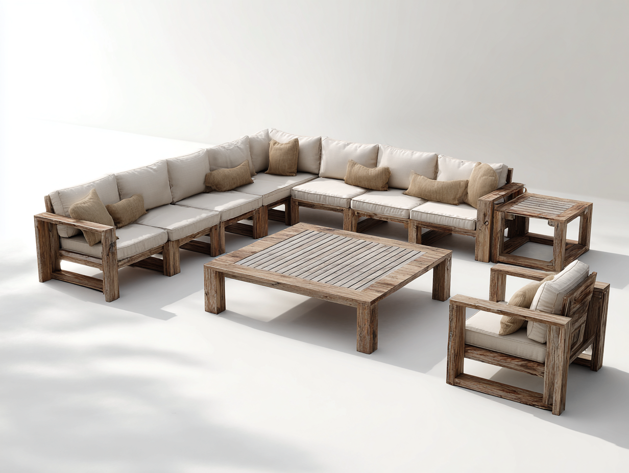 Sofás de exterior de madera con mesa 320x260x78 cm - marrón-beige - conjunto amplio para jardín-Laviagahome