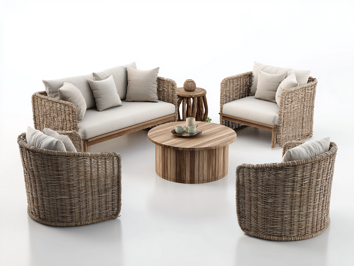 Sofás de exterior de ratán con mesa 340x260x75 cm - Marrón natural-Beige-Madera natural - diseño moderno para jardín-Laviagahome