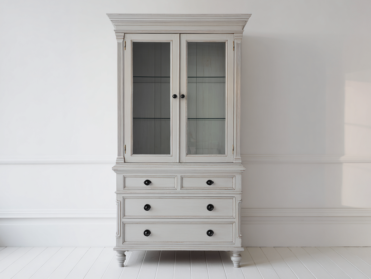 Vitrinas de madera y vidrio 115x45x195 cm - blanco envejecido - estilo clásico para comedor-Laviagahome