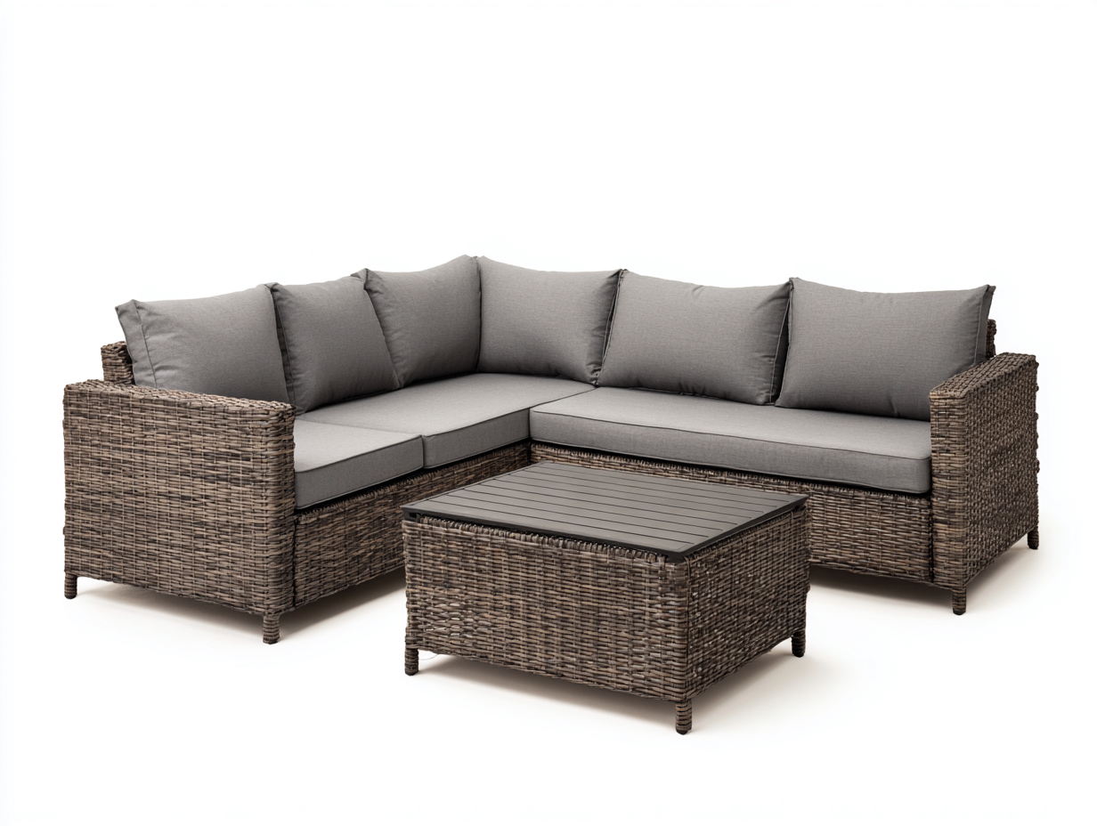 Sofás de exterior 240x240x72 cm - ratán marrón y tela gris - conjunto cuadrado con mesa-Laviagahome