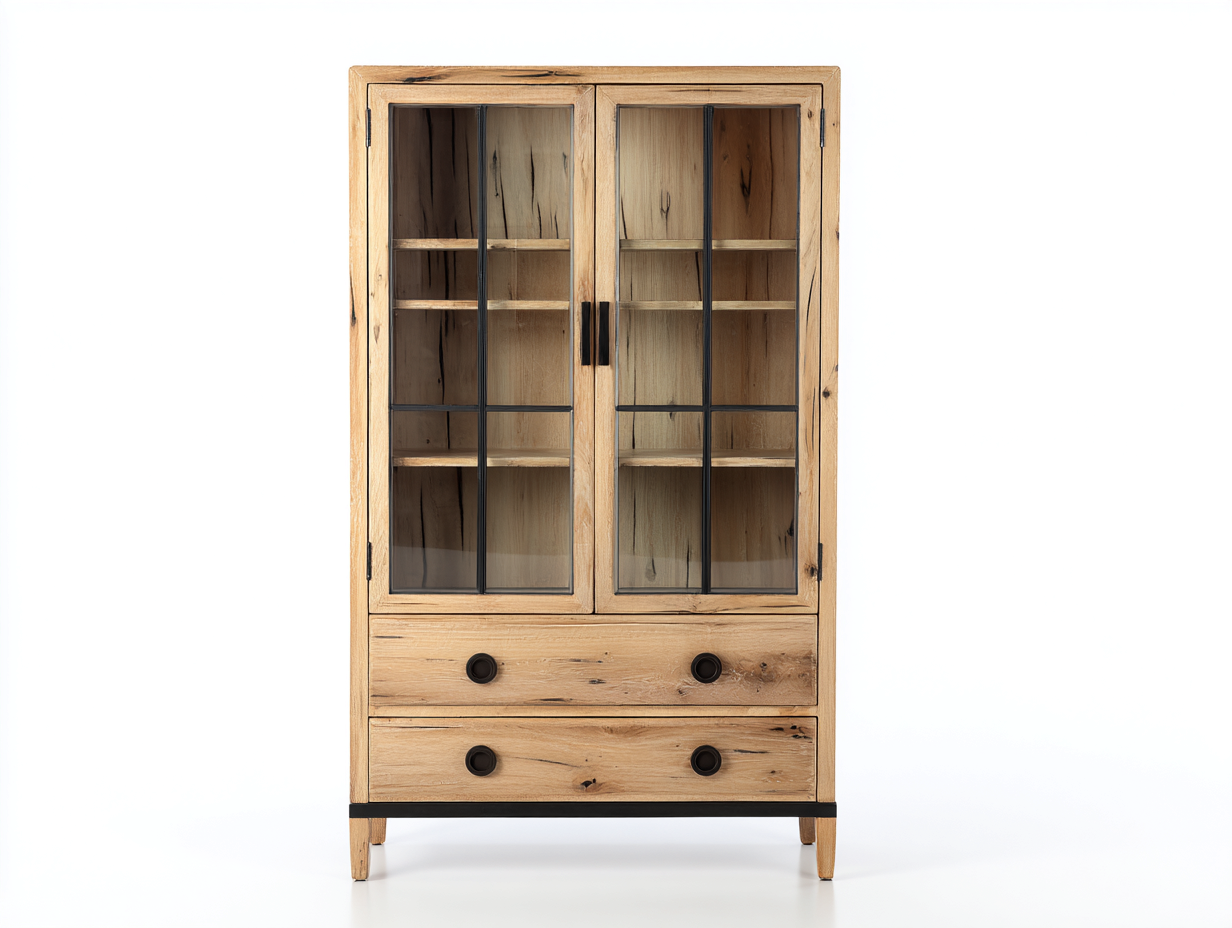 Vitrinas de madera 95x38x180 cm color roble para salón - puertas de vidrio y cajones estilo industrial-Laviagahome