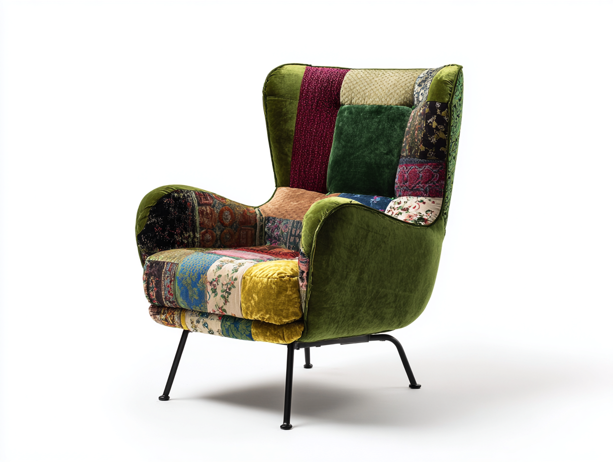 Sillones tapizados de tela 78x82x102 cm - verde multicolor y negro - diseño orejero patchwork-Laviagahome