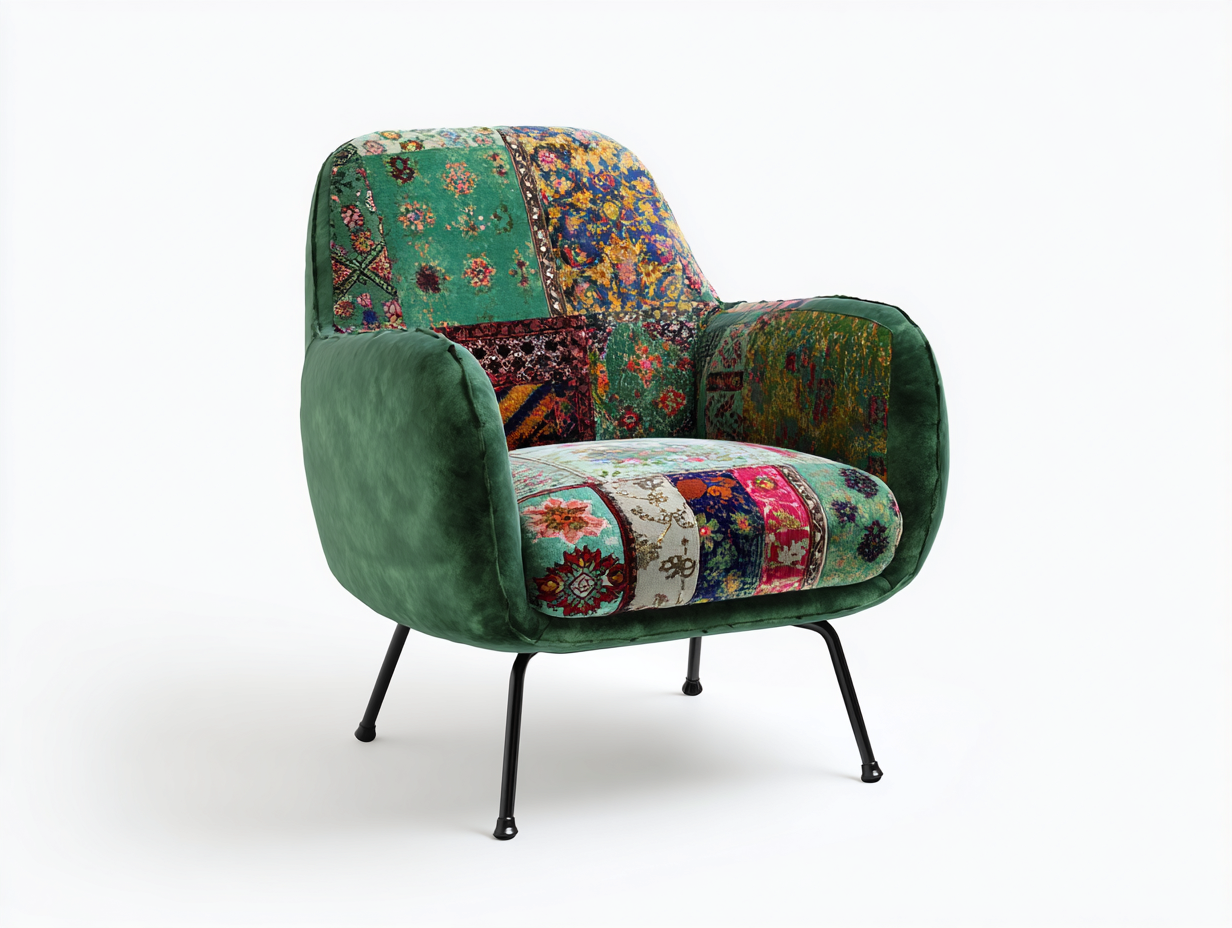 Sillones de tela patchwork con patas metálicas 88x78x82 cm - Verde-Multicolor-Negro - diseño bohemio para salón-Laviagahome