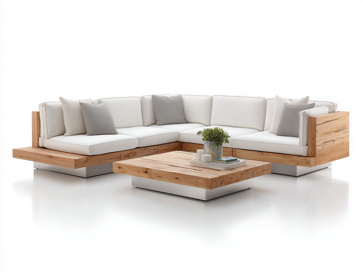Sofás de exterior de madera maciza 250x250x72 cm - natural y blanco crema - diseño esquinero cuadrado moderno-Laviagahome