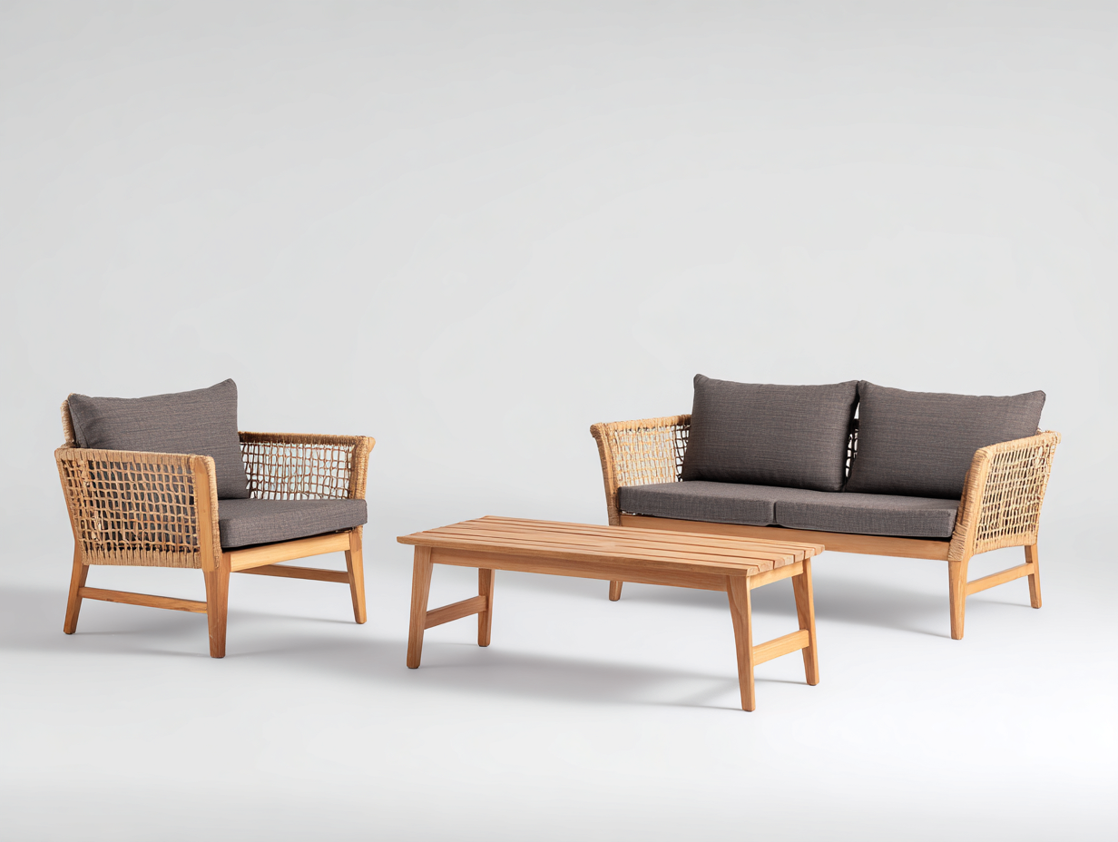Sofás de exterior de ratán y madera 220x80x78 cm - natural y gris oscuro - conjunto moderno para jardín-Laviagahome