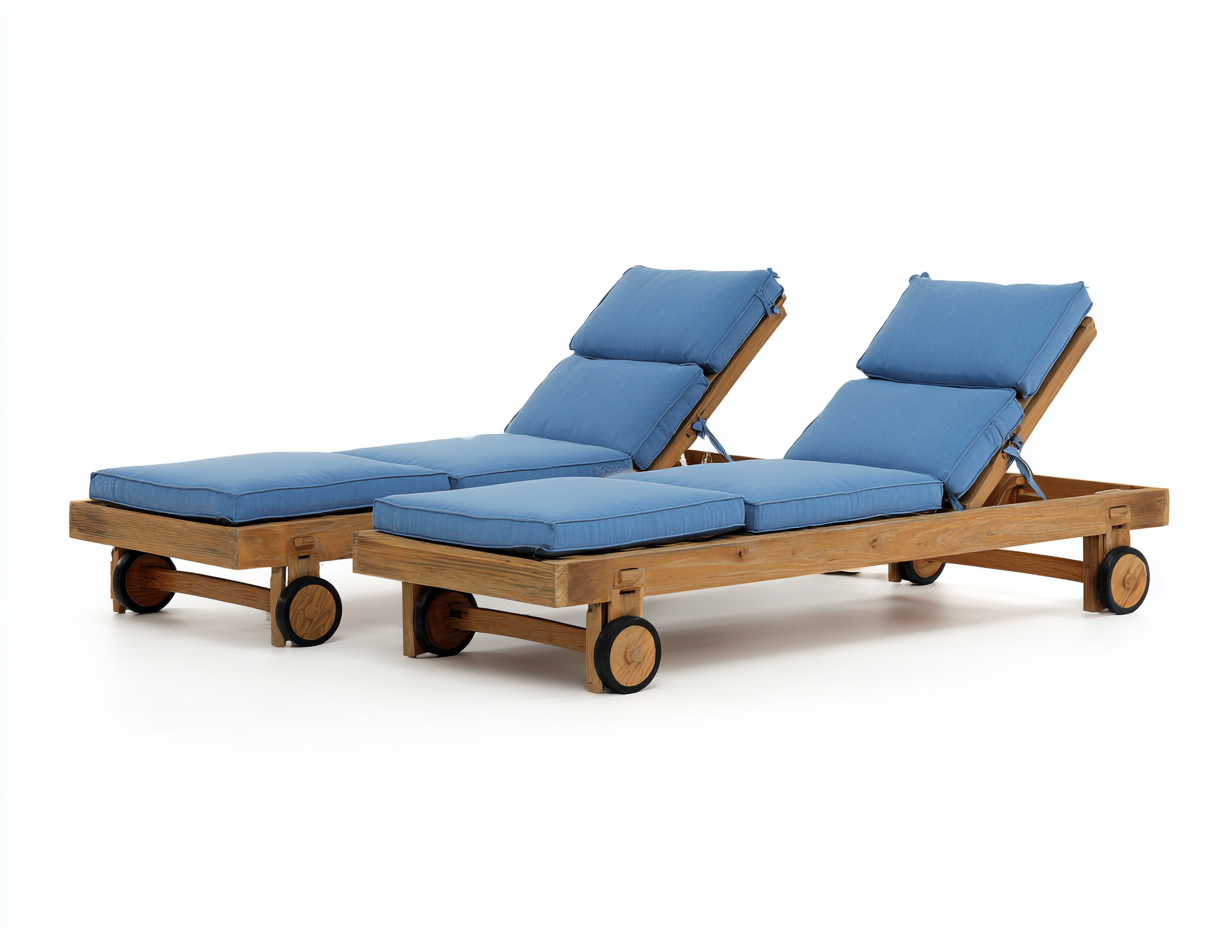 Tumbonas de madera con ruedas 200x70x85 cm - Madera natural-Azul - diseño reclinable para jardín-Laviagahome