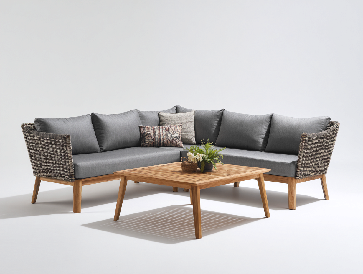 Sofás de exterior de ratán sintético 255x185x76 cm - gris y natural - diseño esquinero moderno-Laviagahome