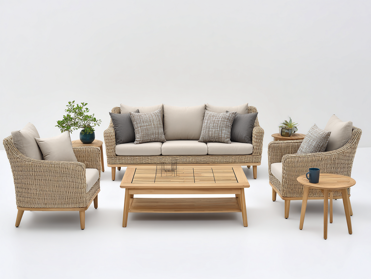 Sofás de exterior de ratán con mesas 320x210x78 cm - Beige-Gris-Madera natural - diseño moderno para jardín-Laviagahome