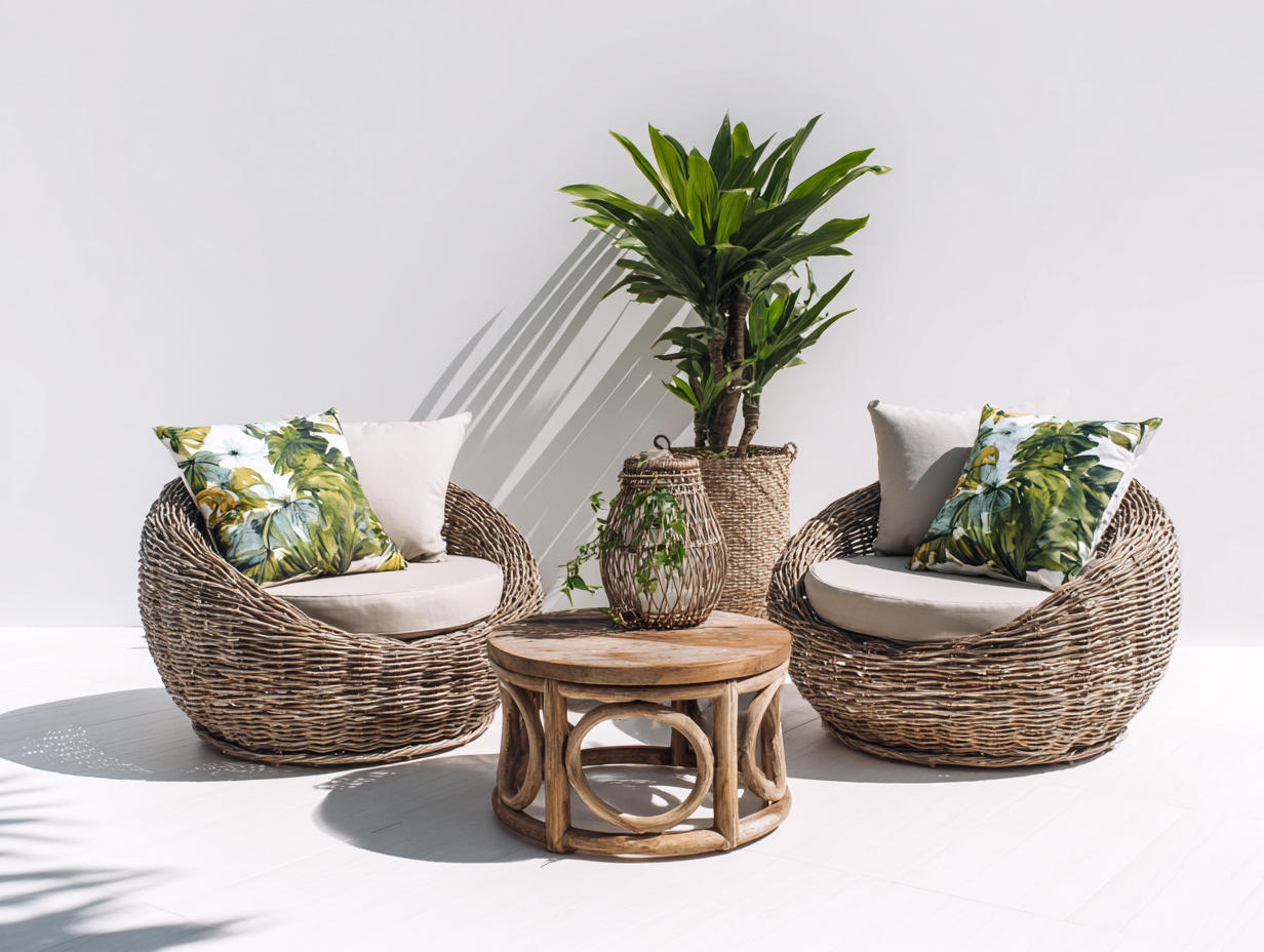 Sofás de exterior de ratán con mesa 220x90x72 cm - Marrón natural-Beige-Madera natural - diseño bohemio para jardín-Laviagahome