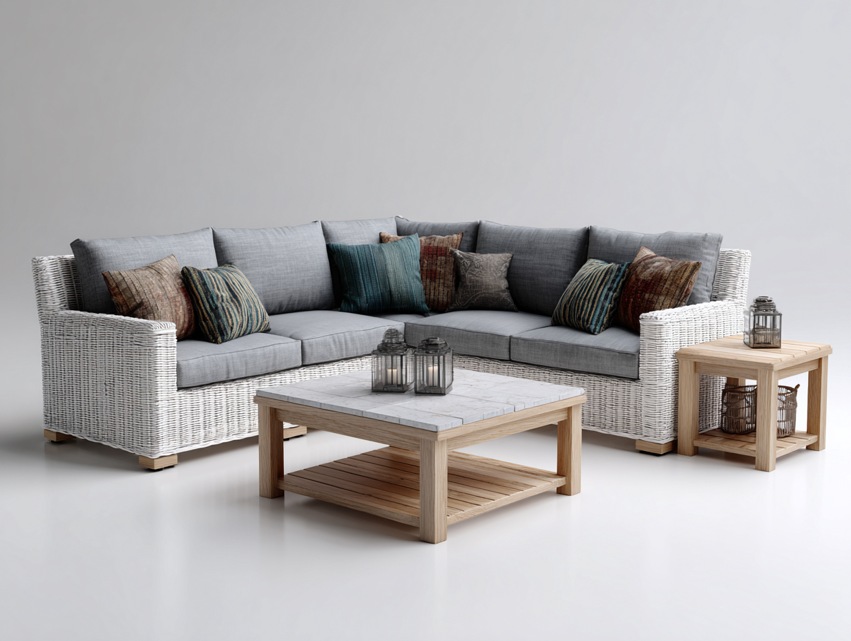 Sofás de exterior de ratán con mesas 300x220x75 cm - Blanco-Gris claro-Madera natural - diseño moderno para jardín-Laviagahome