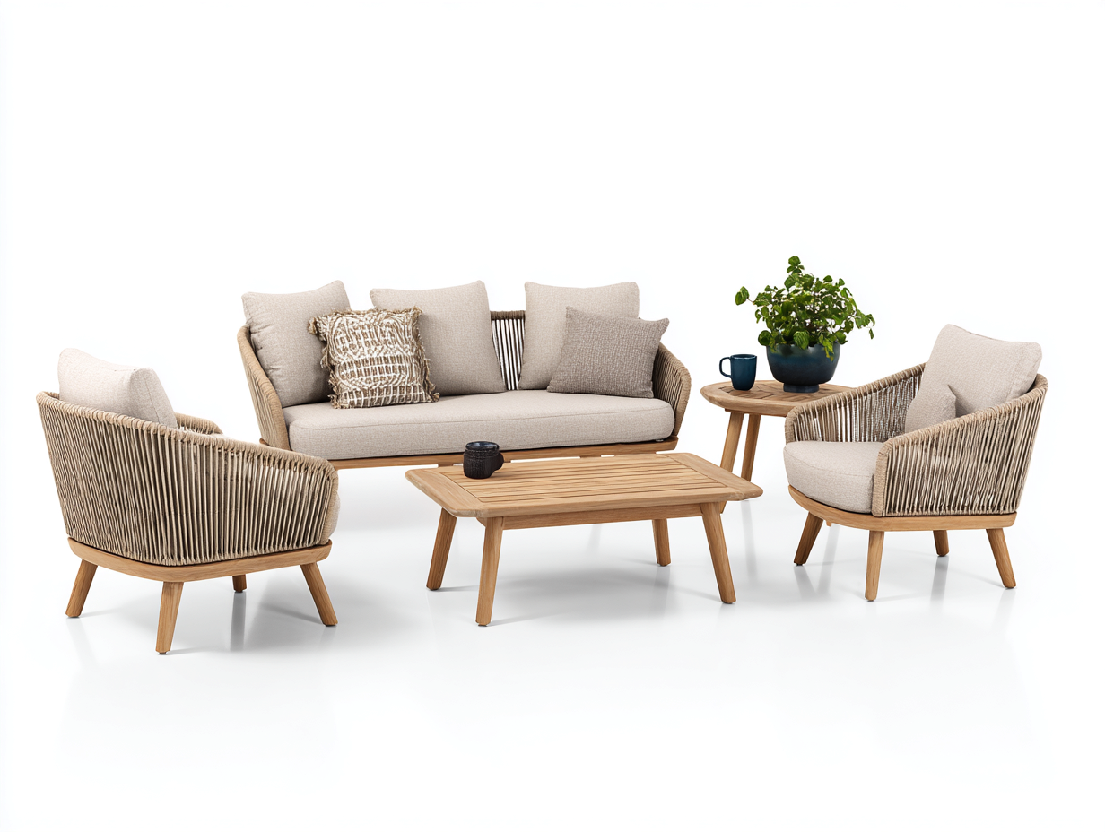 Sofás de exterior 210x82x78 cm - ratán beige y madera marrón - conjunto moderno con mesas-Laviagahome