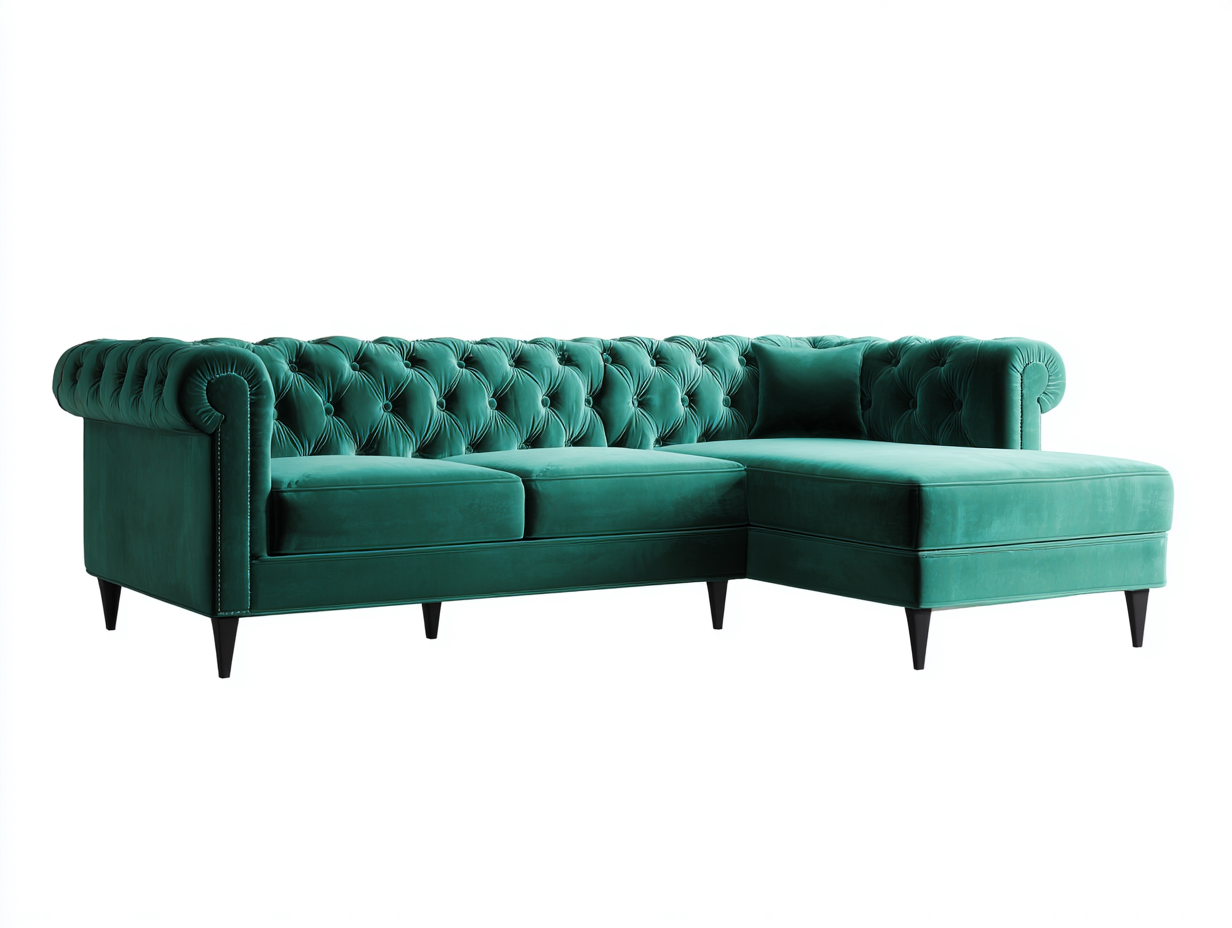 Sofás de esquina de tela aterciopelada 300x180x75 cm - Verde esmeralda-Negro - diseño capitoné para salón-Laviagahome