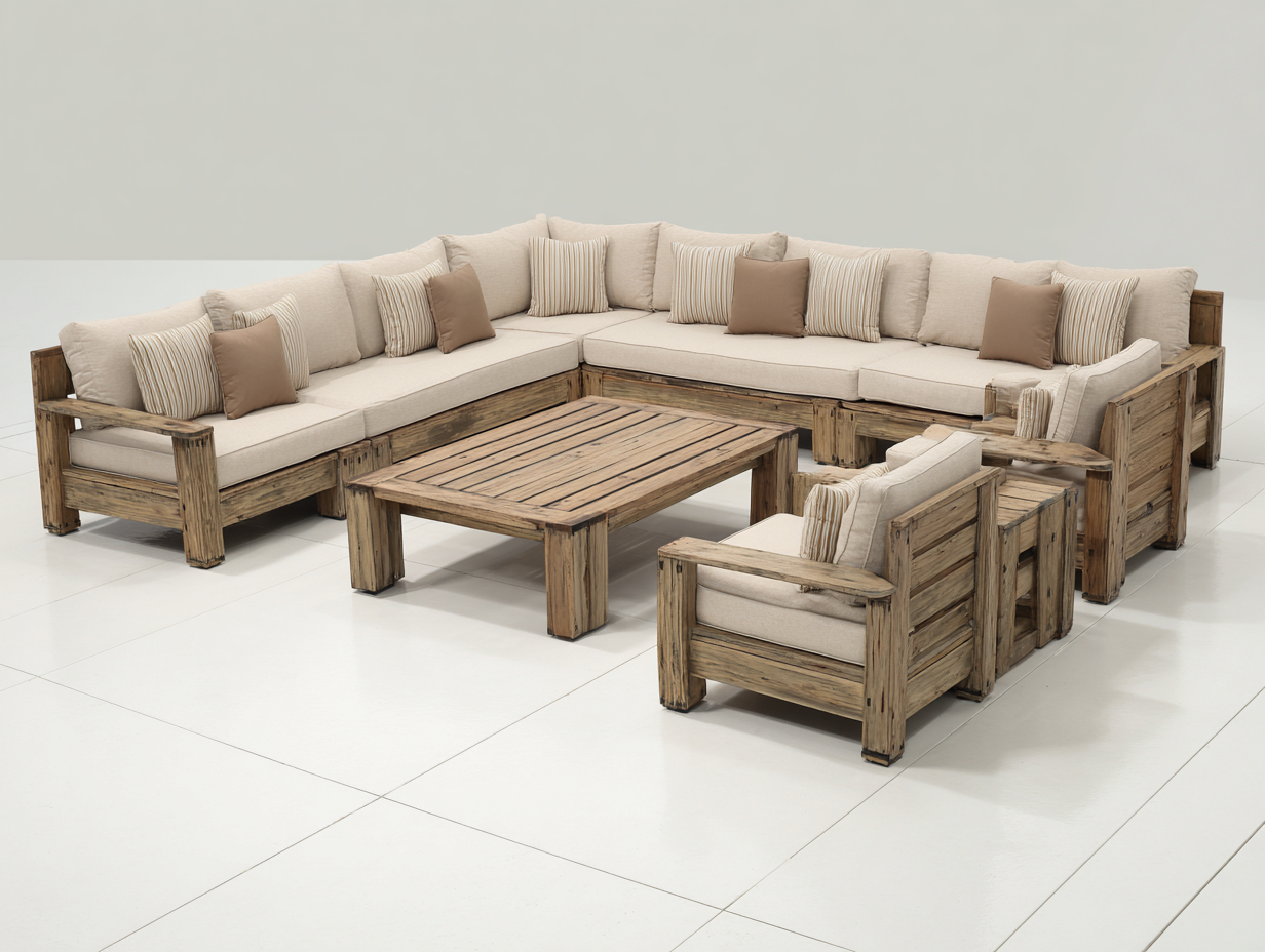 Sofás de exterior de madera maciza 330x260x78 cm - natural y beige - conjunto modular rústico-Laviagahome