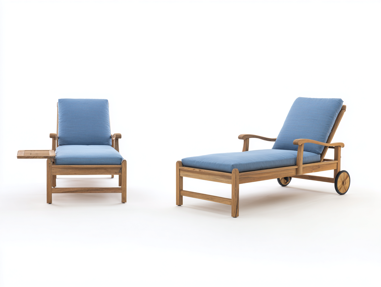 Tumbonas de madera 196x70x86 cm - natural y azul - conjunto reclinable con ruedas y bandeja lateral-Laviagahome