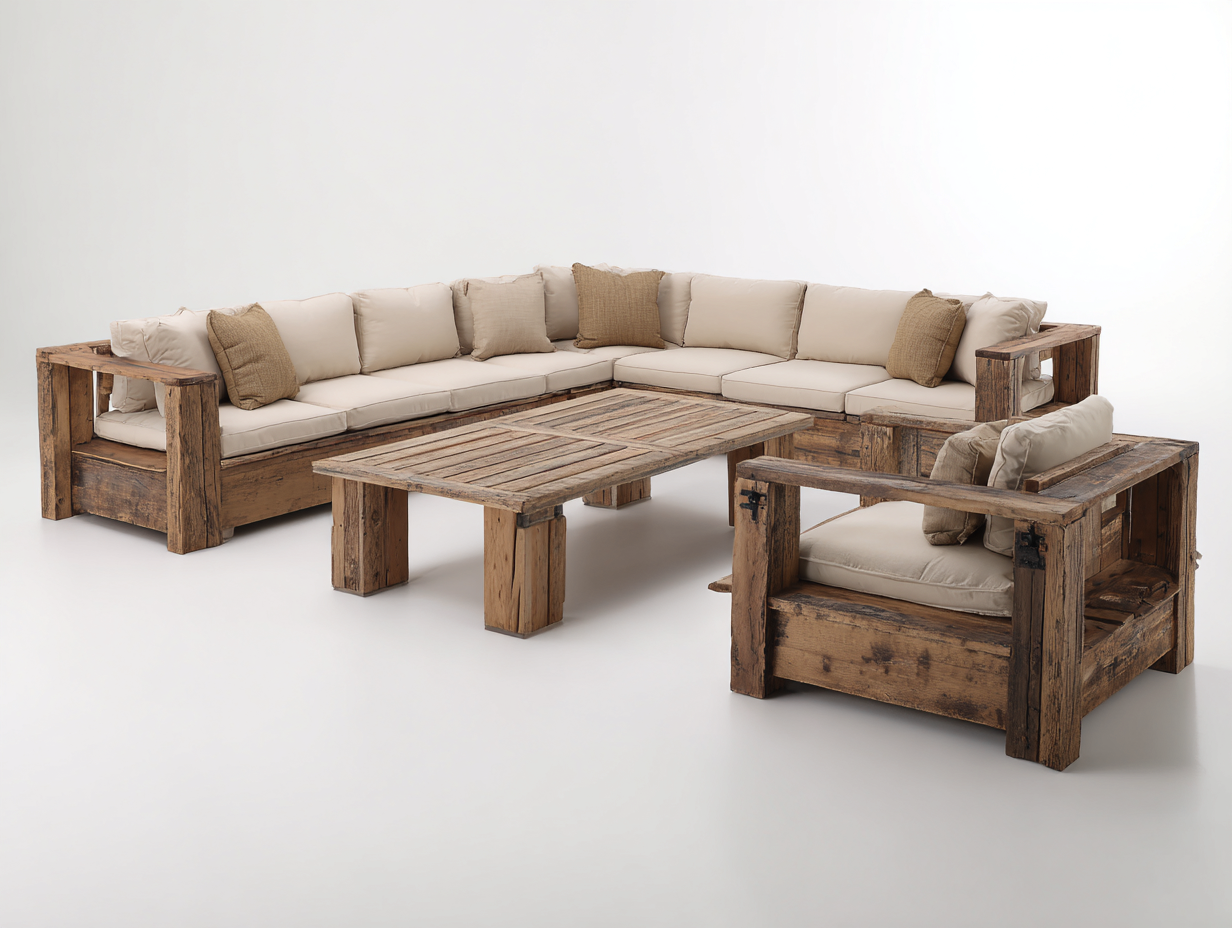 Sofás de exterior de madera con mesa 360x260x75 cm - Madera envejecida-Beige - diseño rústico para jardín-Laviagahome