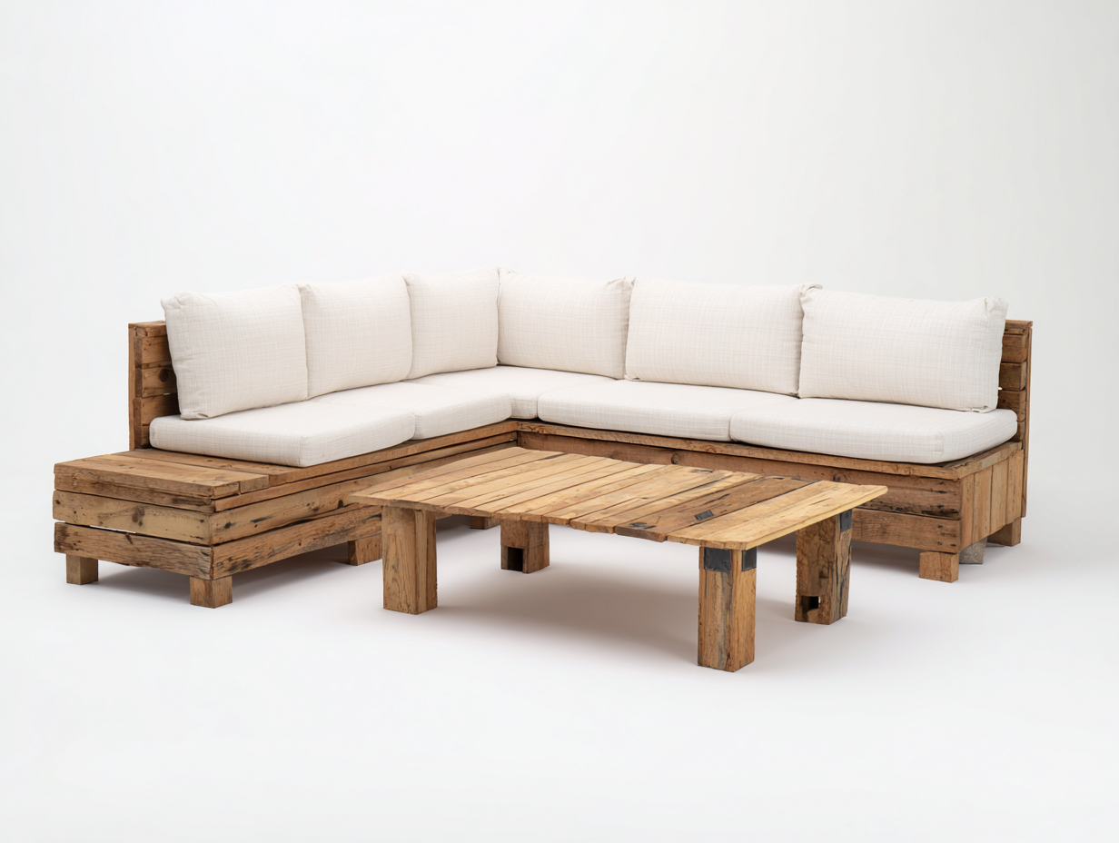 Sofás de exterior de madera maciza 248x190x70 cm - natural y blanco crema - diseño esquinero rústico-Laviagahome