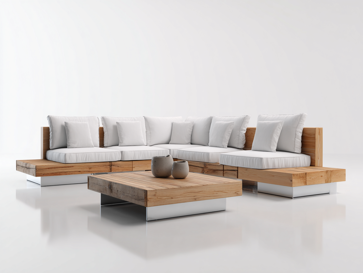 Sofás de exterior de madera con mesa 320x240x72 cm - Madera natural-Blanco - diseño moderno para jardín-Laviagahome