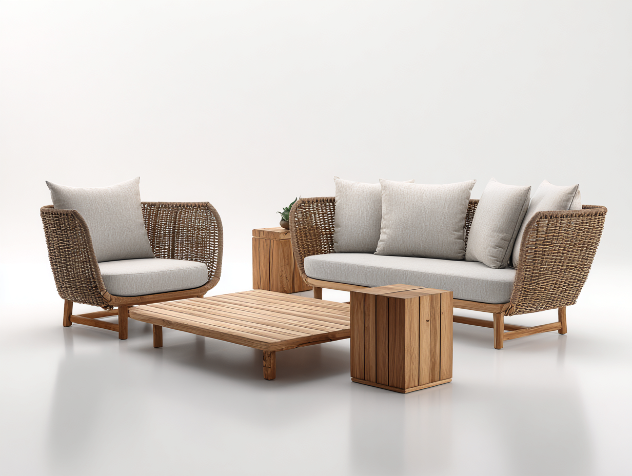 Sofás de exterior 220x85x78 cm - ratán marrón y tela beige - conjunto moderno con mesas-Laviagahome