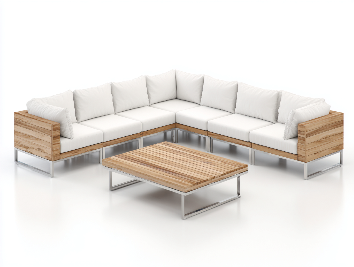 Sofás de exterior de madera con mesa 300x300x78 cm - marrón-blanco - diseño modular cuadrado para jardín-Laviagahome