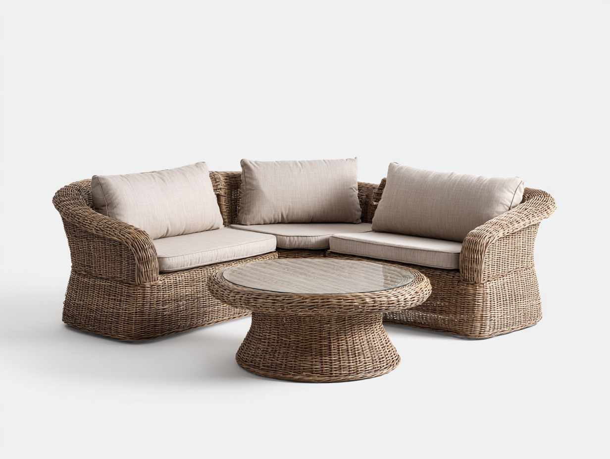 Sofás de exterior de ratán con mesa 260x200x78 cm - Marrón natural-Beige - diseño moderno para jardín-Laviagahome