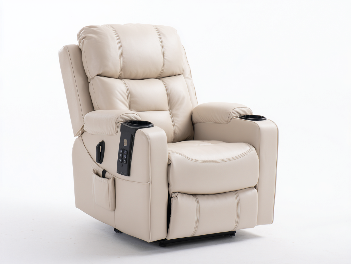 Sillones reclinables de cuero sintético 94x95x106 cm - Beige - Reclinación eléctrica - Portavasos integrados-Milaiohouse