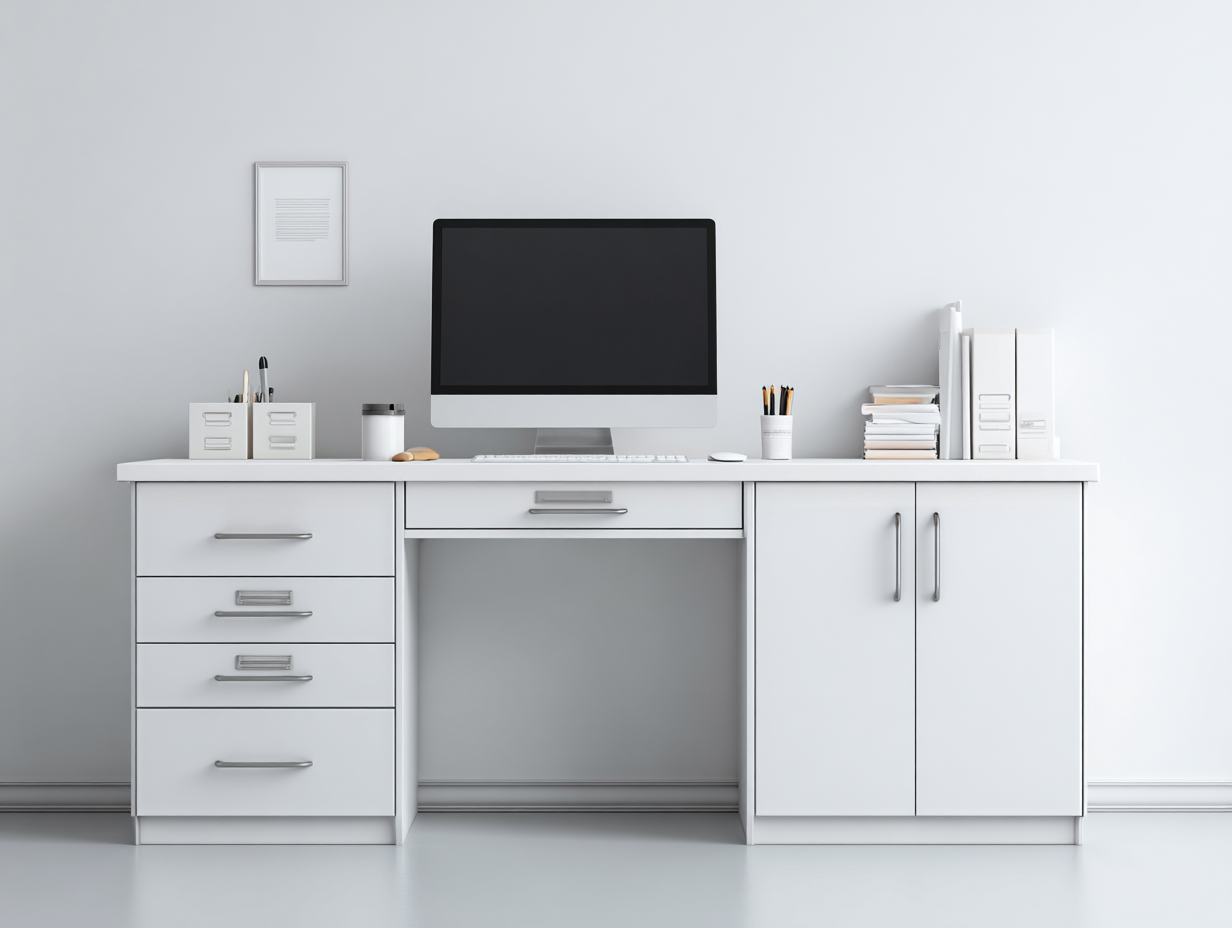 Mesas de oficina de madera 180x60x75 cm blanco - diseño moderno con cinco cajones y dos puertas-Milaiohouse