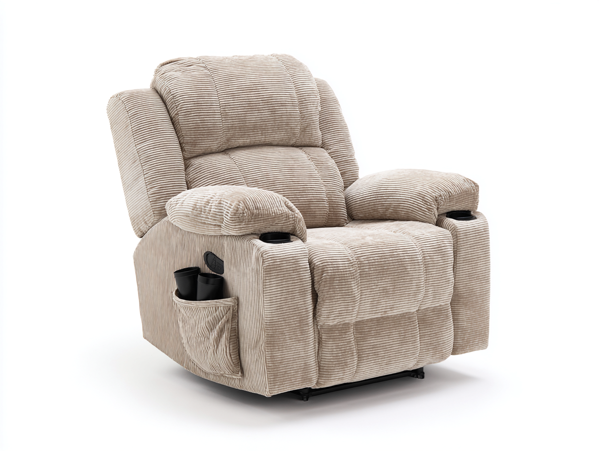 Sillones reclinables de pana 98x91x109 cm - beige con portavasos - diseño acolchado moderno-Milaiohouse