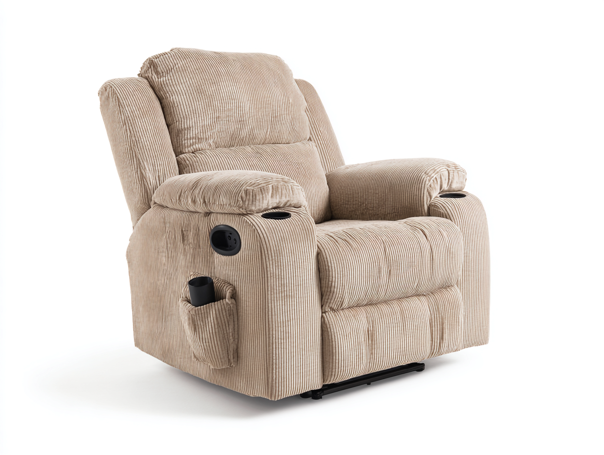 Sillones reclinables de pana 112x98x106 cm - beige - con portavasos y mando lateral-Milaiohouse