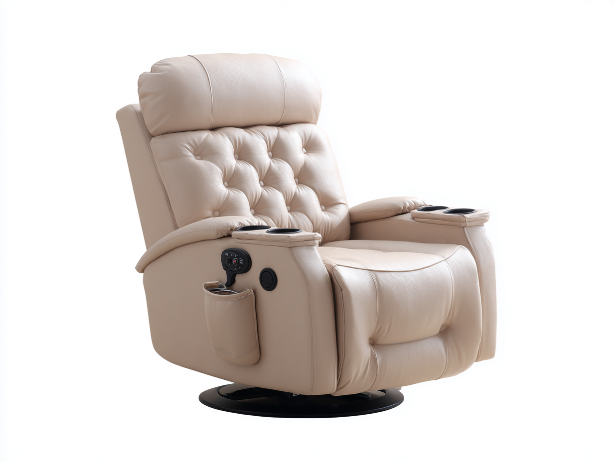 Sillones reclinables giratorios tapizados 95x92x108 cm - beige con portavasos - diseño acolchado moderno-Milaiohouse
