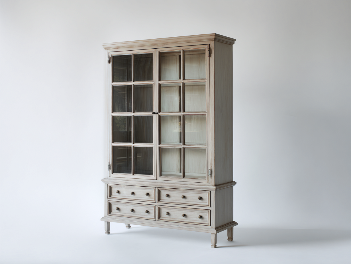 Vitrinas de madera y vidrio con cajones 120x42x190 cm - Blanco-Natural - Diseño clásico-Milaiohouse